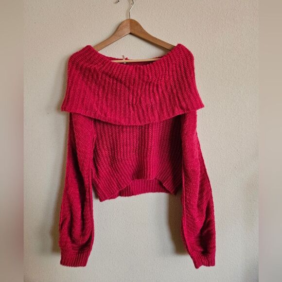 Free People Pink Chunky Wool Blend Knit Off-The- Shoulder  Sweater Size L - Picture 5 of 5